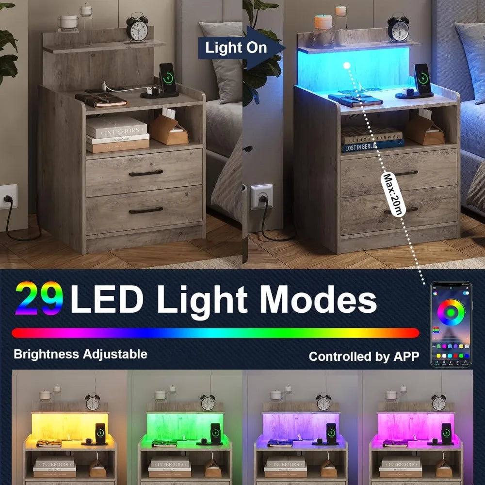 Set of 2 Nightstands with LED Lights & Charging Station – Modern Bedside Tables with Drawers, USB Ports & Open Storage