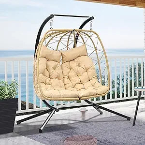 2-Person Hanging Egg Swing Chair with Stand – Wicker Hammock Chair with Cushions, 550lbs Capacity for Indoor/Outdoor Use – Patio, Garden, Bedroom Lounge