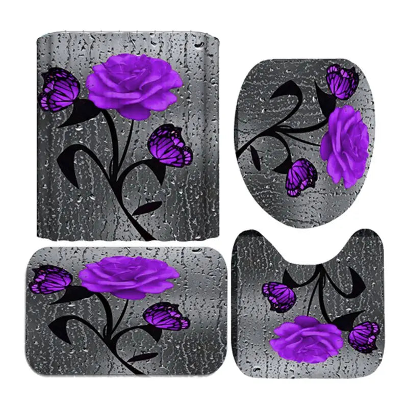 4PCS Bathroom Shower Curtain Set with Non-Slip Rugs, Toilet Seat Cover, Bath Mat & Doormat – Waterproof & Durable Bathroom Home Decor