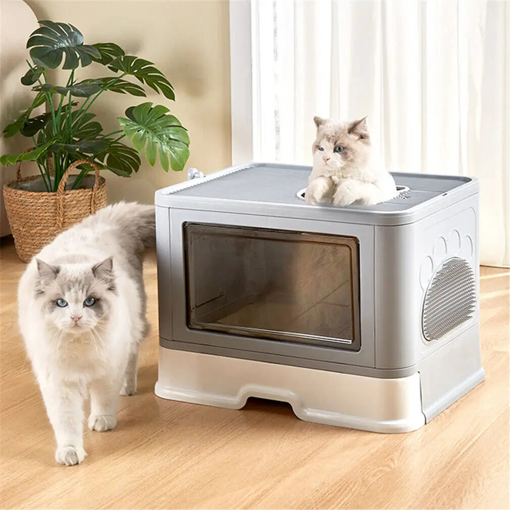 Foldable Enclosed Cat Litter Box – Front Entry & Top Exit with Massager Litter Scoop | Portable, Easy-Clean Kitty Toilet for Indoor Cats