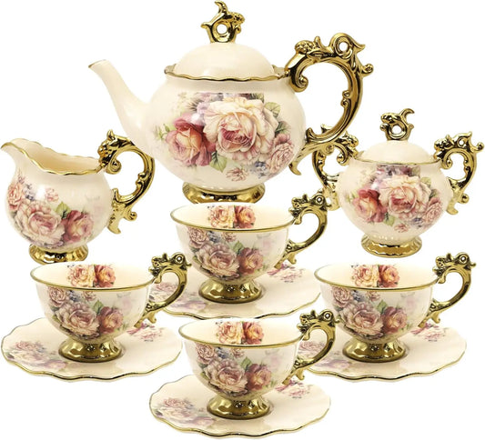 15-Piece British Porcelain Tea Set – Vintage Floral China Coffee Service with Large Tea Cups – Elegant Wedding & Adult Tea Party Set