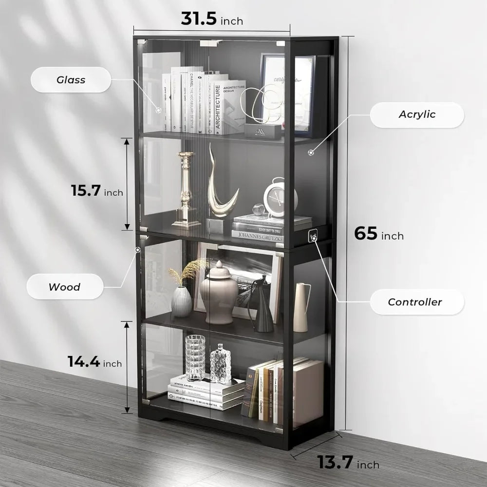 4-Tier Curio / Display Cabinet with Glass Doors and 3 Color Lights