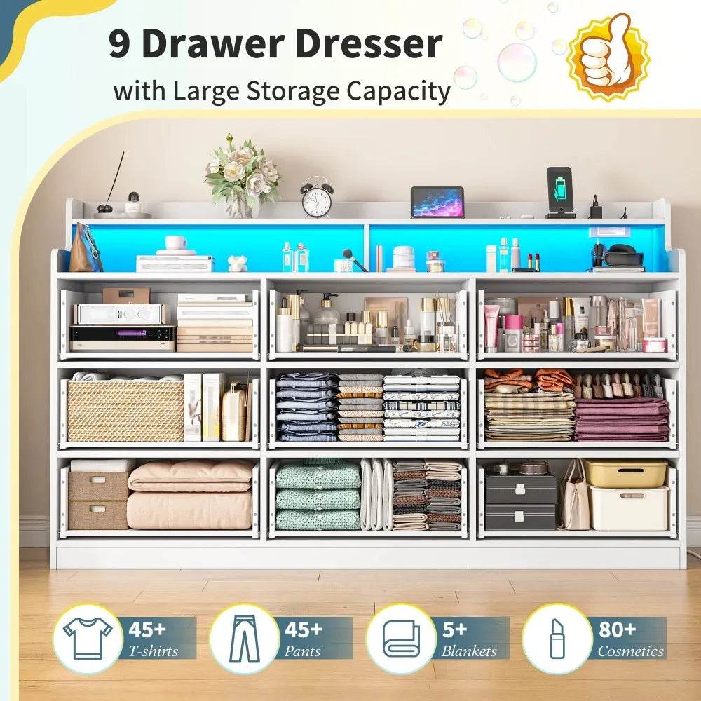 Wooden 9 Drawer Dressers for Bedroom with LED Light