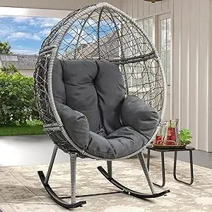 Wicker Rocking Egg Chair – Oversized Indoor/Outdoor Rattan Lounger for Patio, Backyard & Living Room