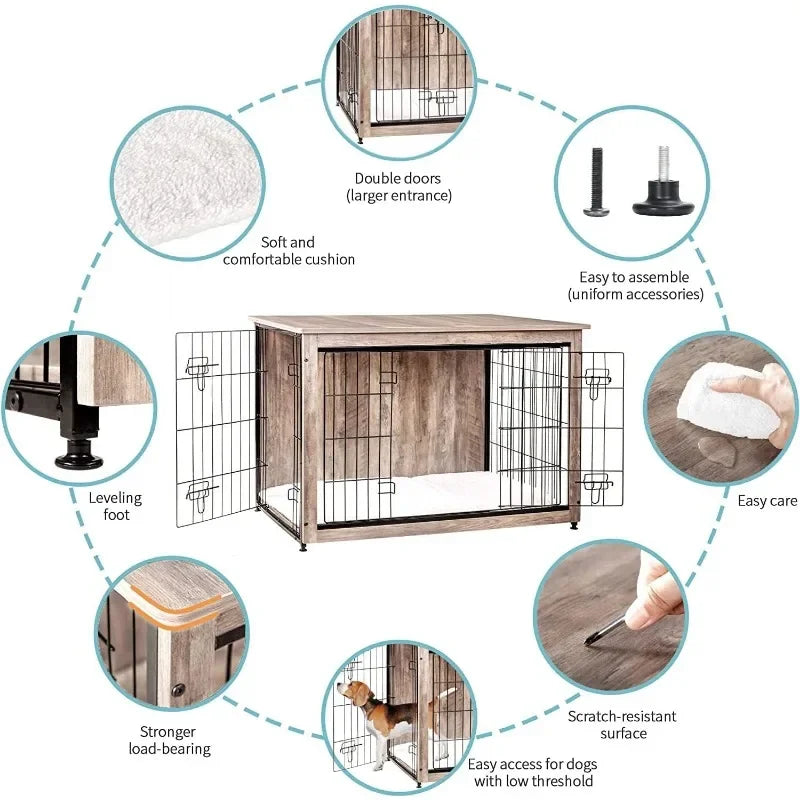 NEW Dog Crate Furniture with Cushion – 38.5" Wooden Indoor Kennel Table with Double Doors, Large Dog House in Greige