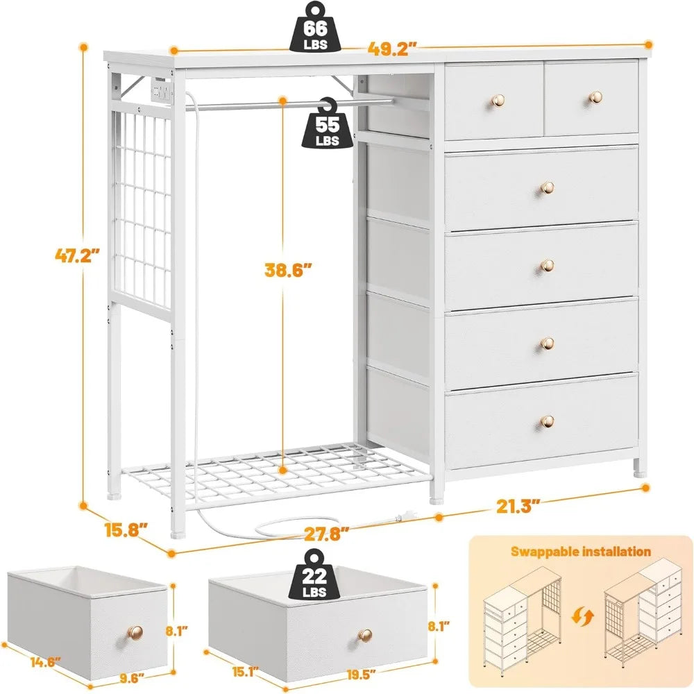 49.2" W White 6 Drawer Dresser for Bedroom with Hanging Rack with LED Lights
