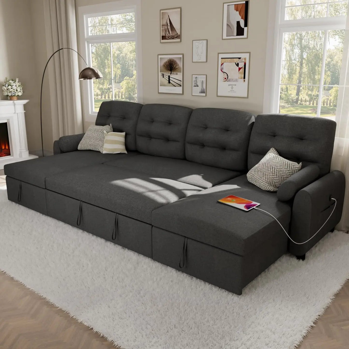 87" Sectional Sleeper Sofa Couch with Reversible Storage Chaise