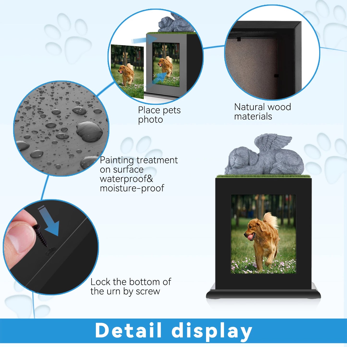 Pet Cremation Urn – Wooden Keepsake Memorial Photo Box for Large Dog Ashes