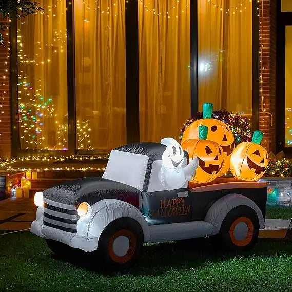 8FT Halloween Inflatable Pumpkin Truck – Lighted Outdoor Blow-Up Decoration for Yard, Garden, or Holiday Display