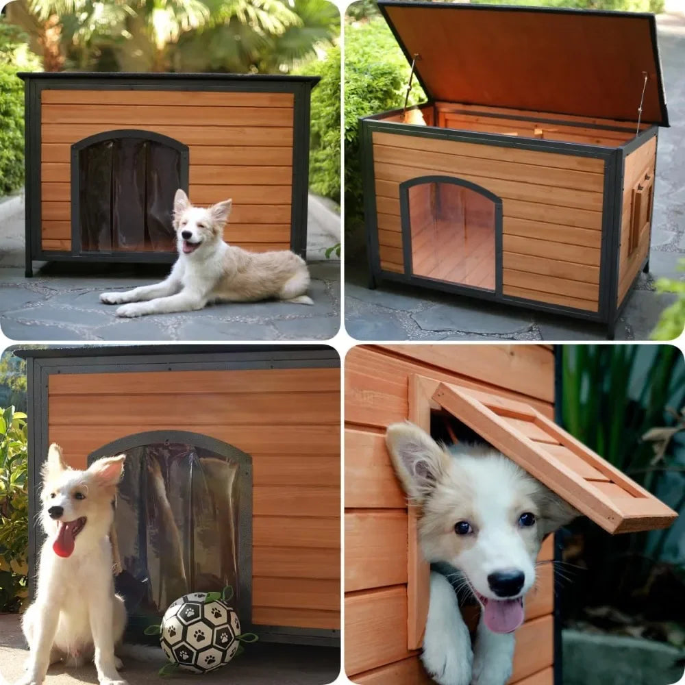 Dog House Outdoor Weatherproof 43.3" L Chew Proof Dog Kennel for Small Medium Large Dogs with Strong Metal Chew Proof Frame