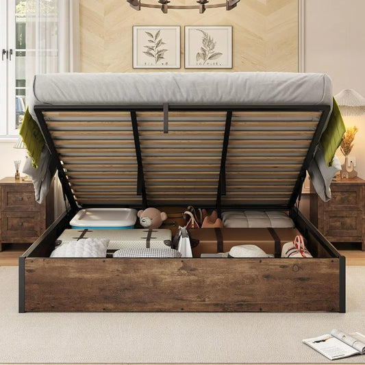 Lift-Up Storage Bed Frame – Wooden Platform Bed with Underbed Storage, Solid Wood Slat Support, No Fixed Headboard, No Box Spring Needed