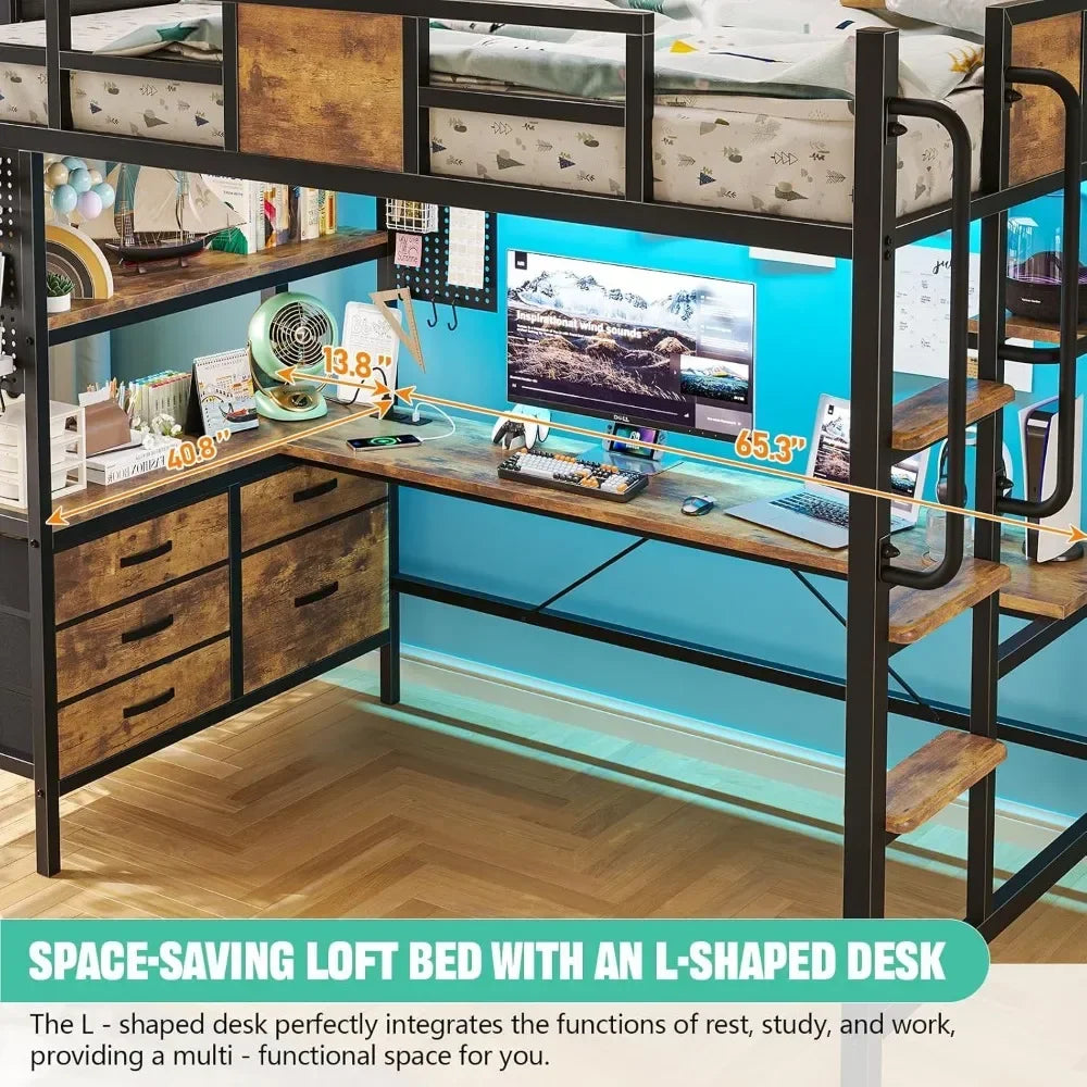 Twin Size Metal Loft Bed with L-Shaped Desk, LED Lights & Charging Station – Space-Saving Bunk Bed with Storage Shelves, 78" Length