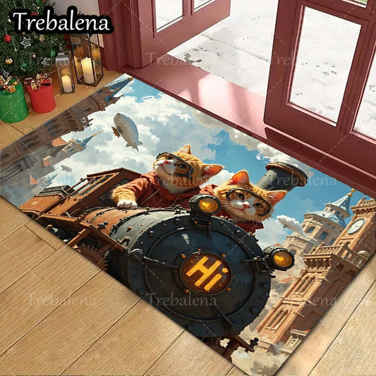 Steampunk Bunny with Train Welcome Mat – Vintage Gear Design Entryway Rug for Home Décor