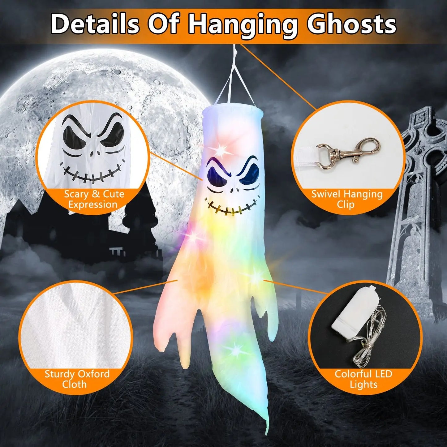 4PCS Halloween Ghost Windsocks with Witch Hats – Hanging LED Lighted Outdoor Decorations for Yard, Trees, and Porch