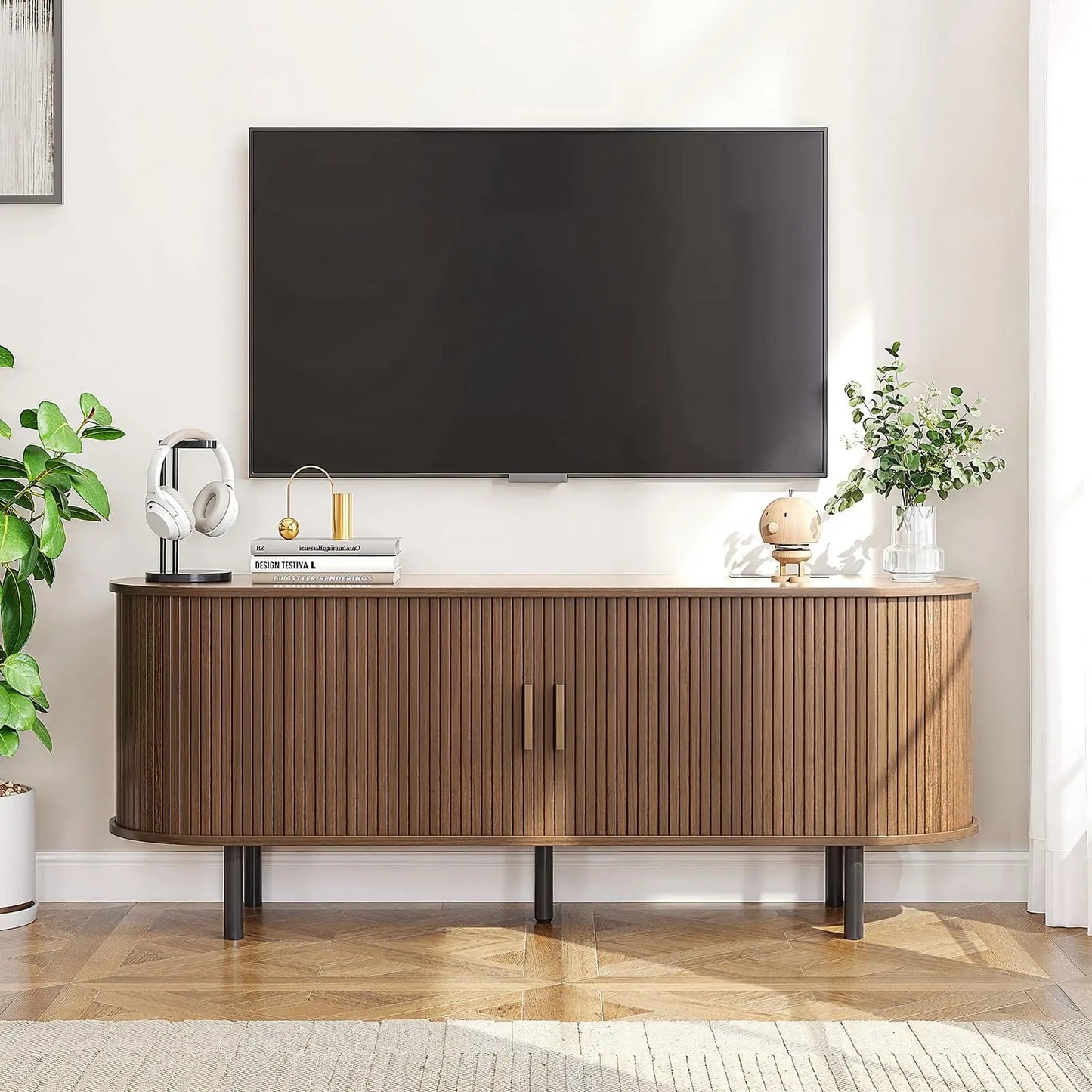 Modern TV Stand with Power Outlet – Entertainment Center with Sliding Doors, Adjustable Shelves & Storage for TVs up to 60/70"