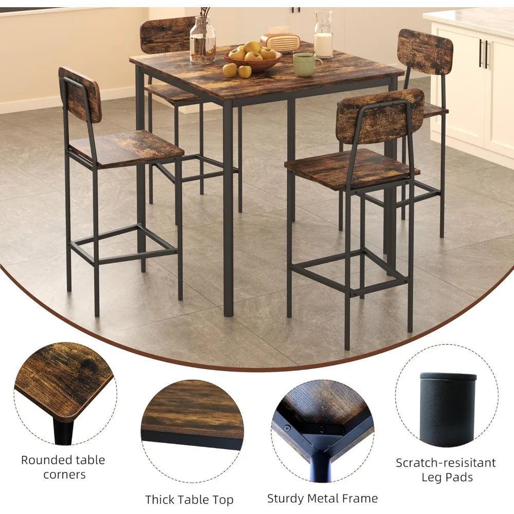 5-Piece Counter Height Dining Table Set with 4 Bar Stools – Space-Saving Square Table and Chairs for Kitchen, Dining Room, Apartment