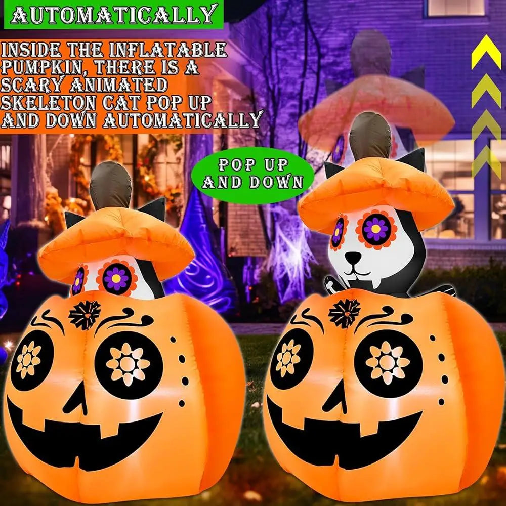5 Ft Inflatable Halloween Decoration – Animated Cat on Pumpkin Day of the Dead Yard Decor with LED Lights