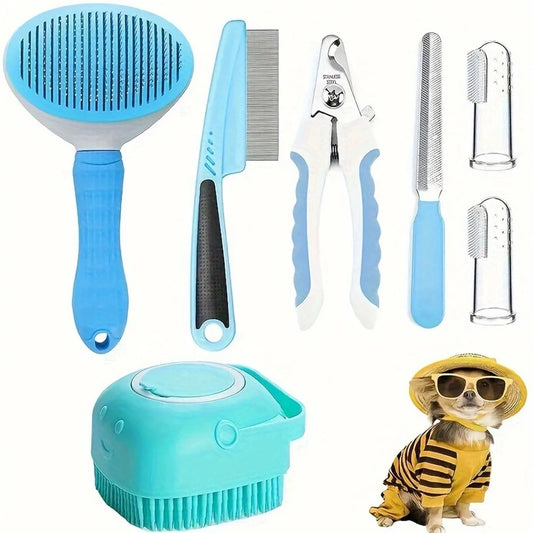 7-Piece Pet Grooming Kit – Complete Home Care Set for Dogs & Cats | Hair Removal Comb, Flea Comb, Shampoo Brush, Nail Clippers, Toothbrush & More
