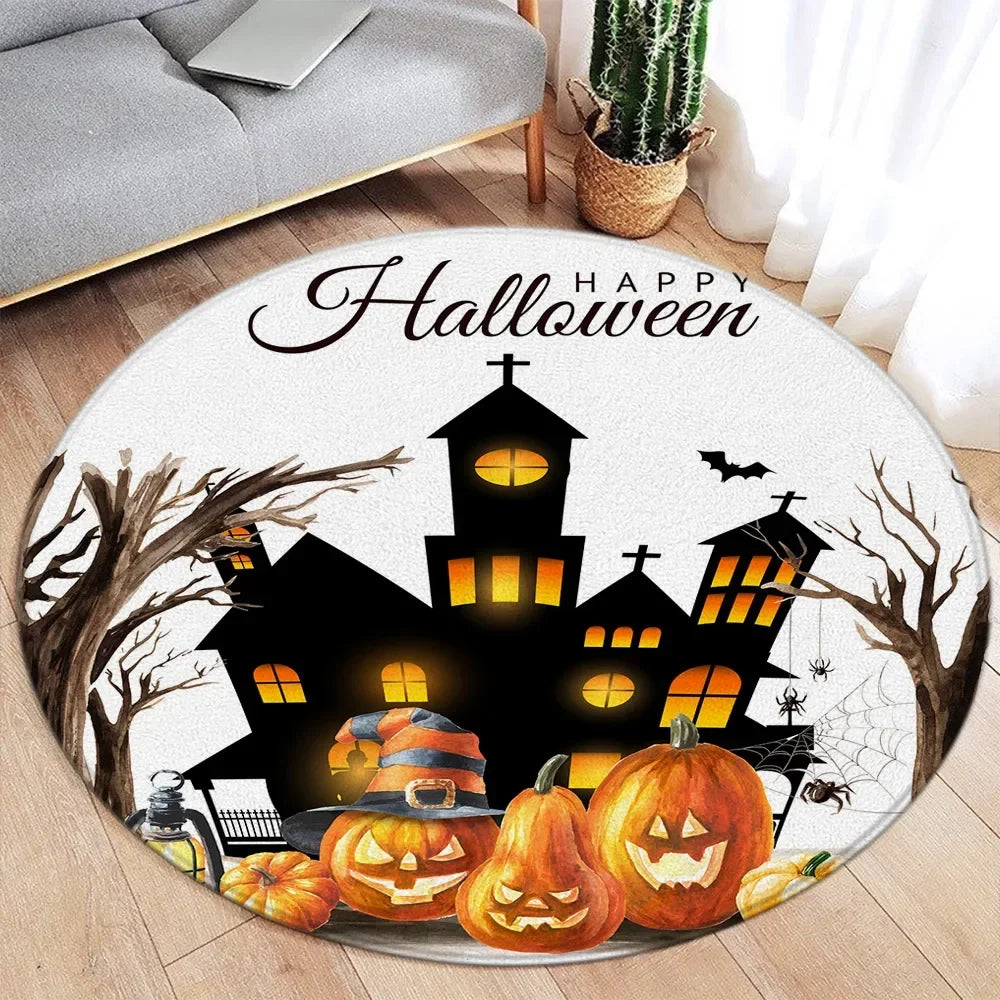Cartoon Halloween Round Carpet – Cute Ghost, Pumpkin, Black Cat & Bat Rug for Living Room & Bedroom Decor