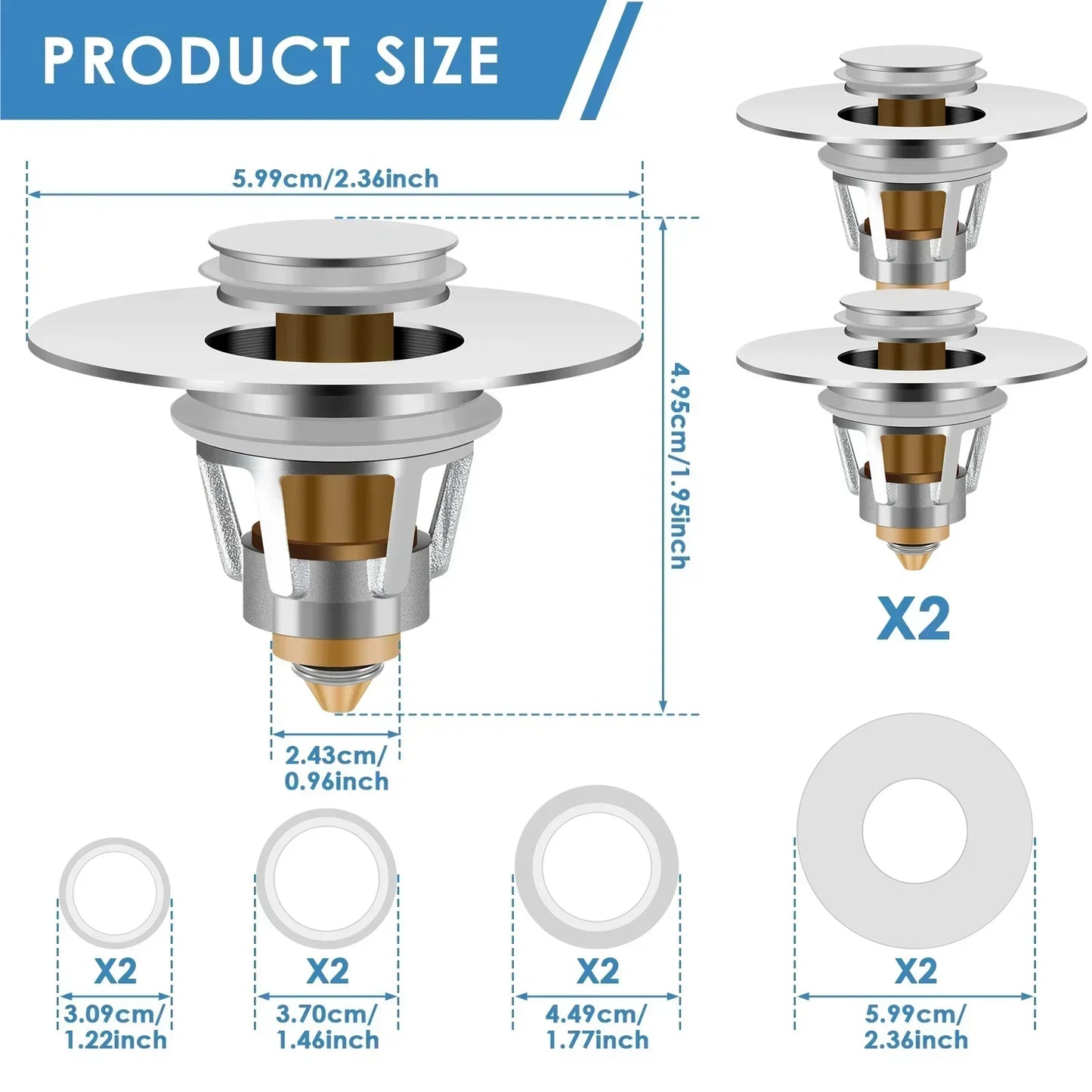 2Pcs Universal Sink Plug with Strainer – Copper Push Pop-Up Sink Stopper for Bathroom or Kitchen, Fits 27.5–58mm Drain Holes