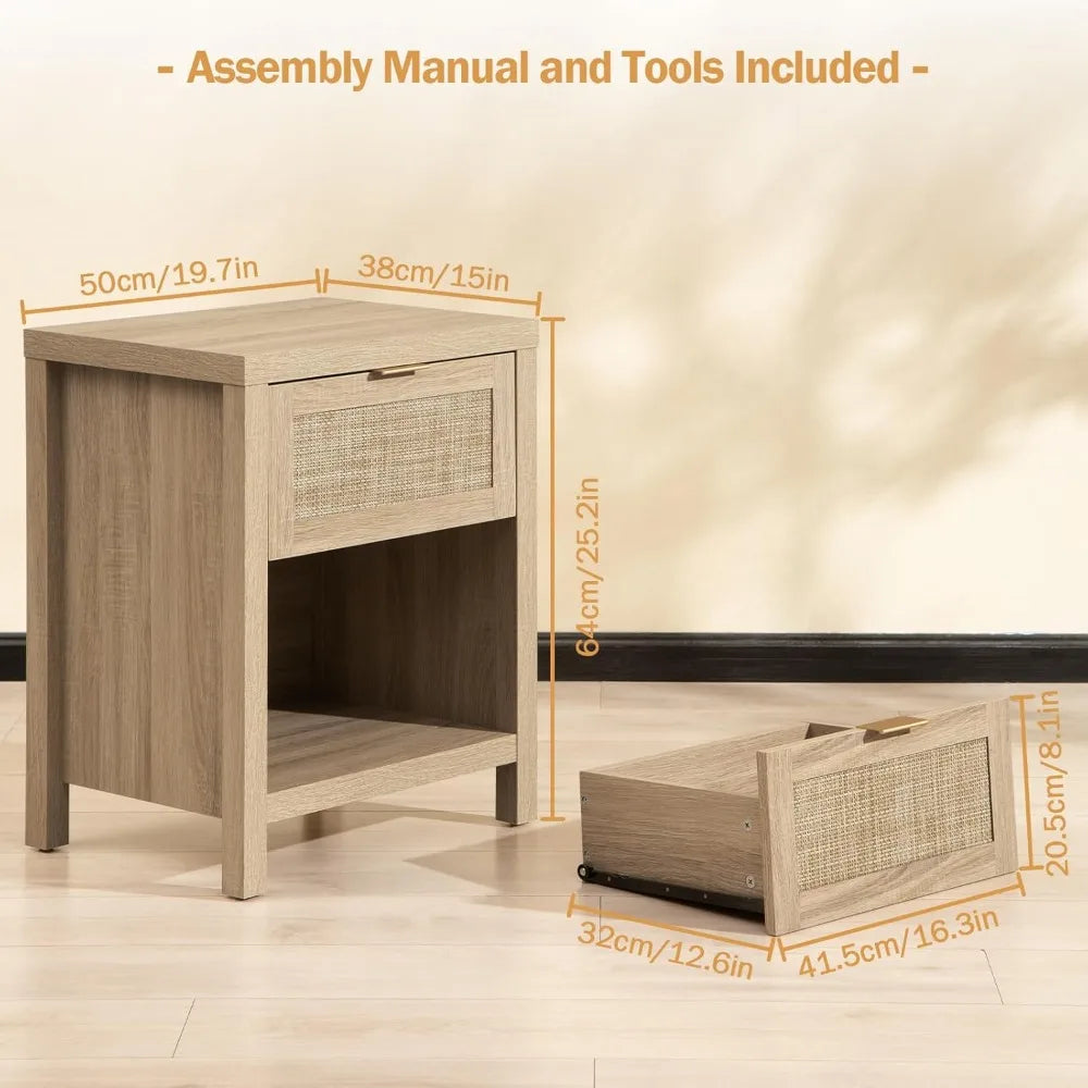 Rattan Nightstands Set of 2 – Farmhouse Bedside Tables with Drawer & Storage Shelf, Boho Chic End Tables with Wood Frame