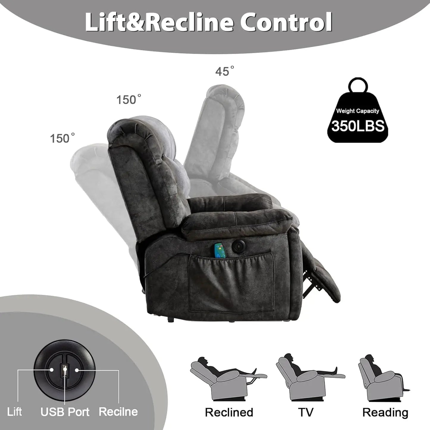 Large Power Lift Recliner Chair with Massage & Heat for Elderly – Oversized Electric Lift Chair for Seniors, Dark Grey