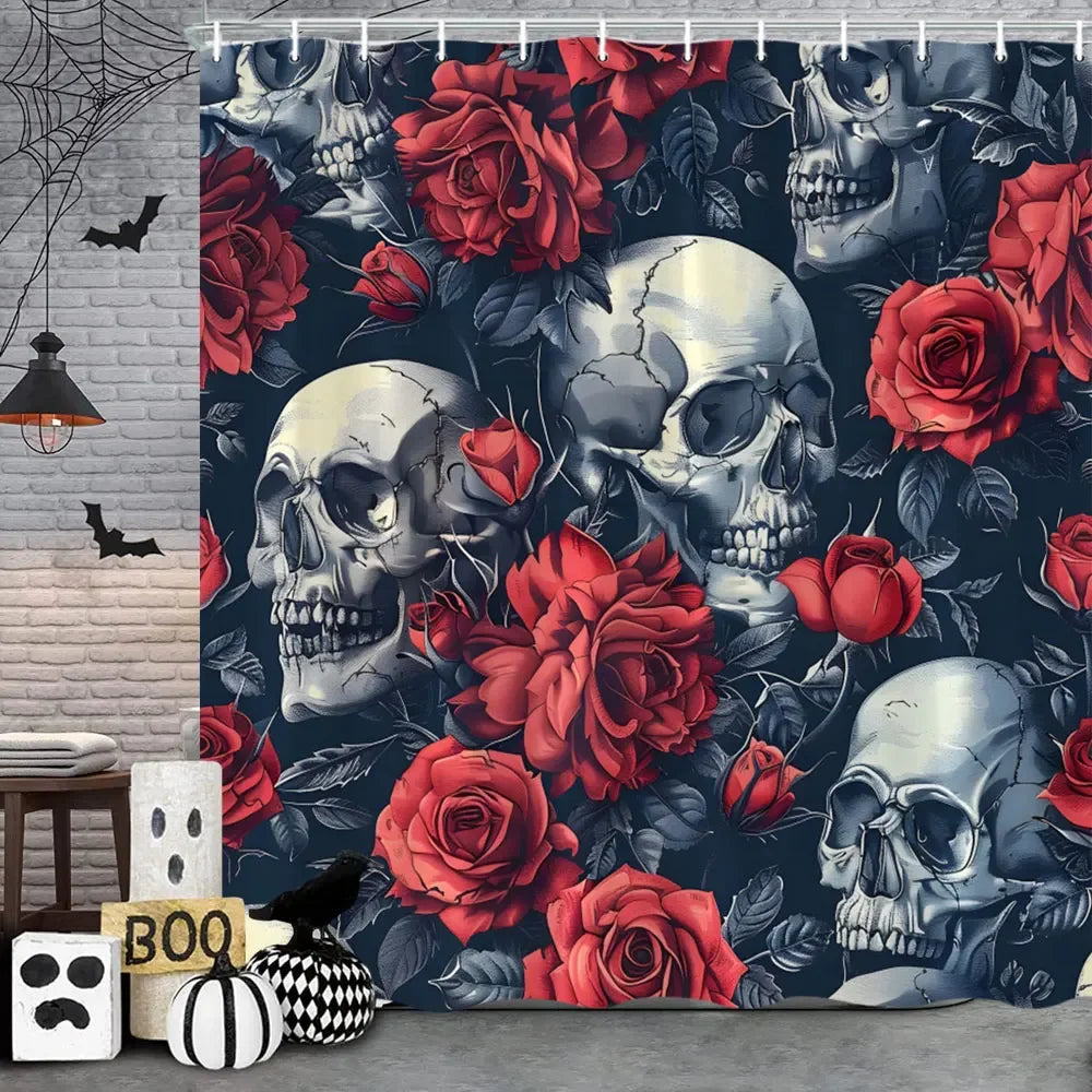 🦇 Spooky Halloween Skeleton & Crow Shower Curtain – Gothic Black Cat & Bat Design with Hooks