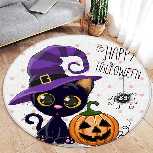Cartoon Halloween Round Carpet – Cute Ghost, Pumpkin, Black Cat & Bat Rug for Living Room & Bedroom Decor