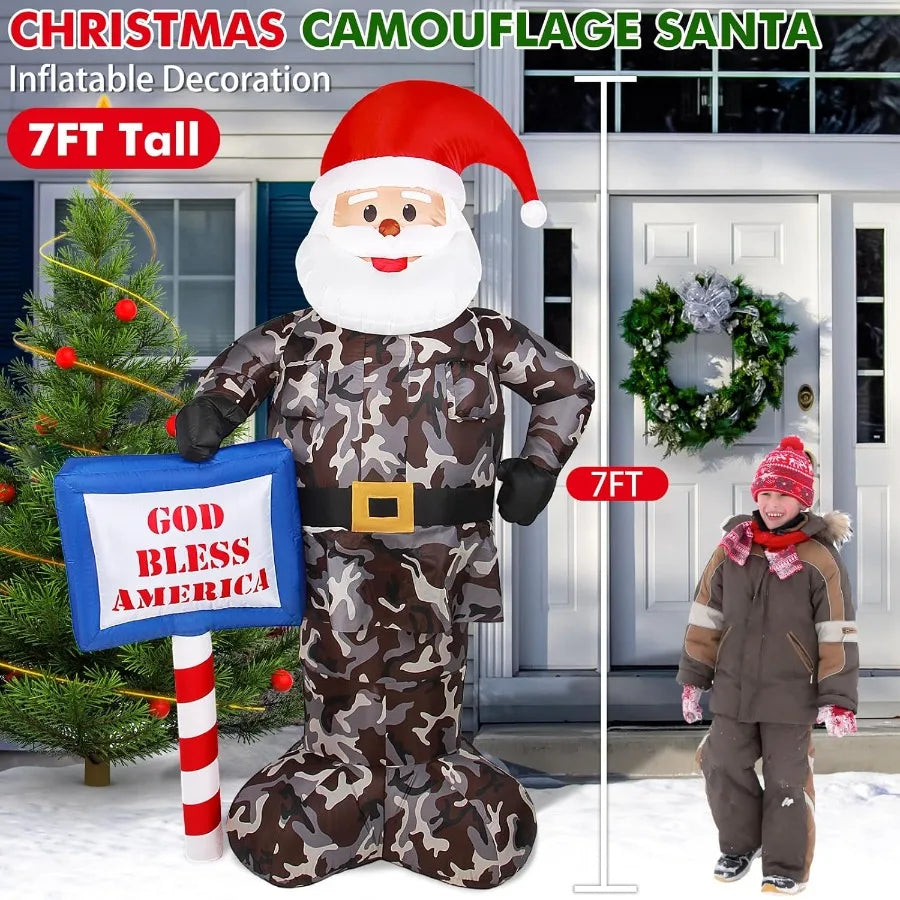 7FT Giant Inflatable Camouflage Santa Claus with Built-in LED Lights – Outdoor Christmas Decoration