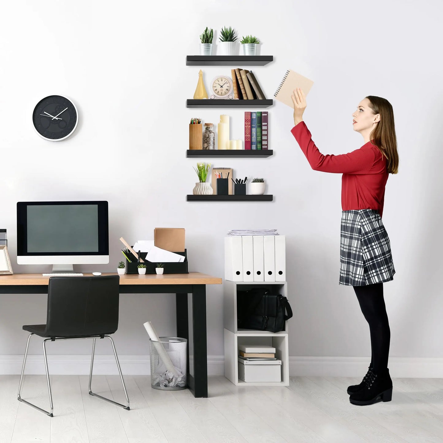 Bowillon White & Black Floating Wall Shelves – Wall Mounted Display for Bedroom, Living Room, Kitchen & Bathroom Décor
