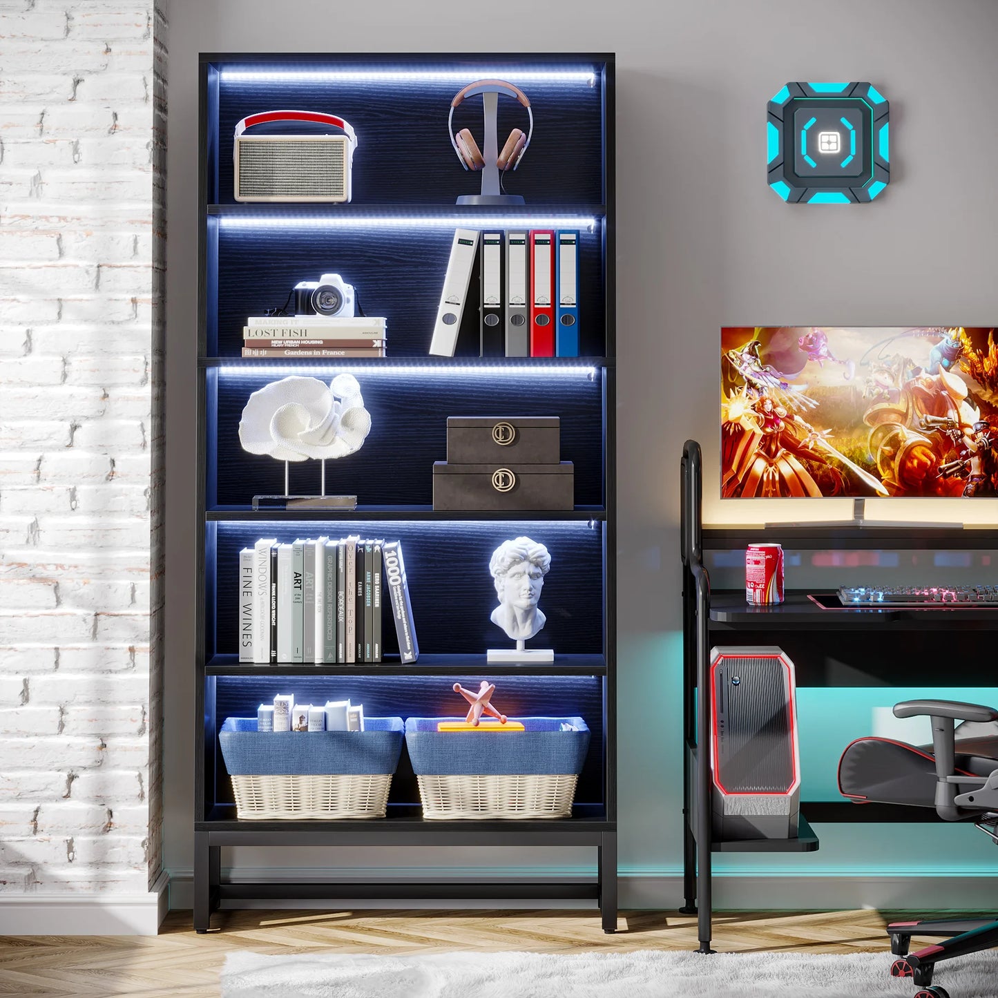 Large Heavy Duty Bookcase 70.8” with LED Lights