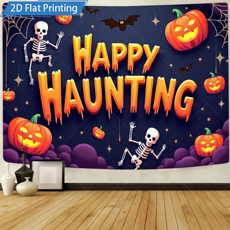 Halloween Wall Tapestry – Happy Haunting Pumpkin & Skeleton Design, Spooky Seasonal Décor for Home, Bedroom, or Party
