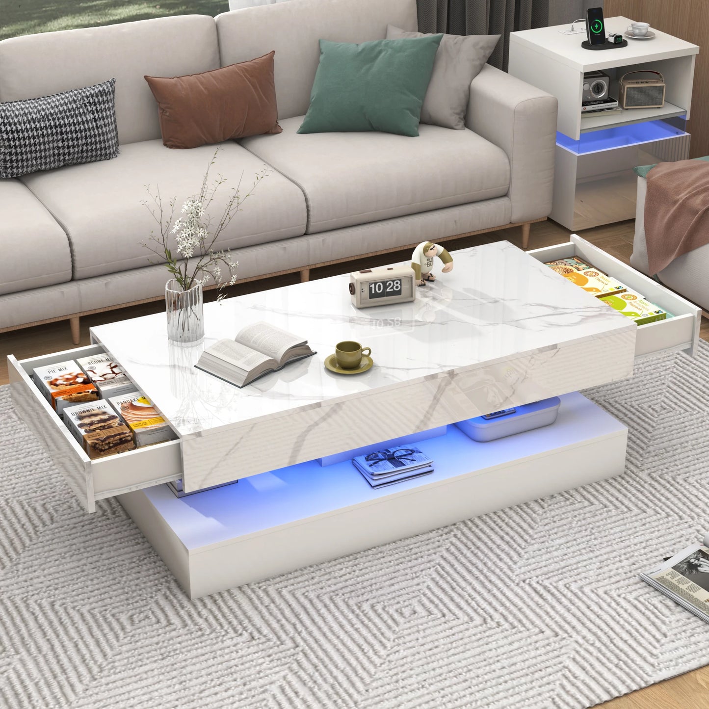 Modern Stylish Coffee Table with LED Lights & Double-Layer Design