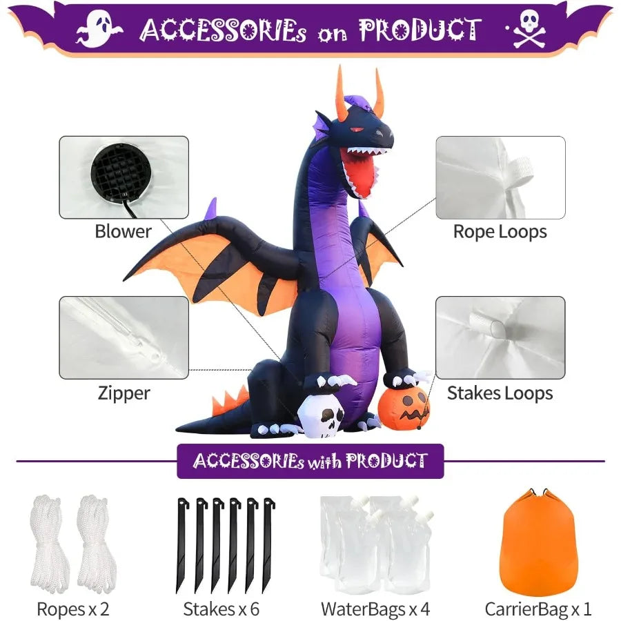 7FT Halloween Inflatable Dragon Stepping on Pumpkin & Skull – LED Lighted Blow-Up Decoration for Outdoor Holiday, Garden, or Lawn Display