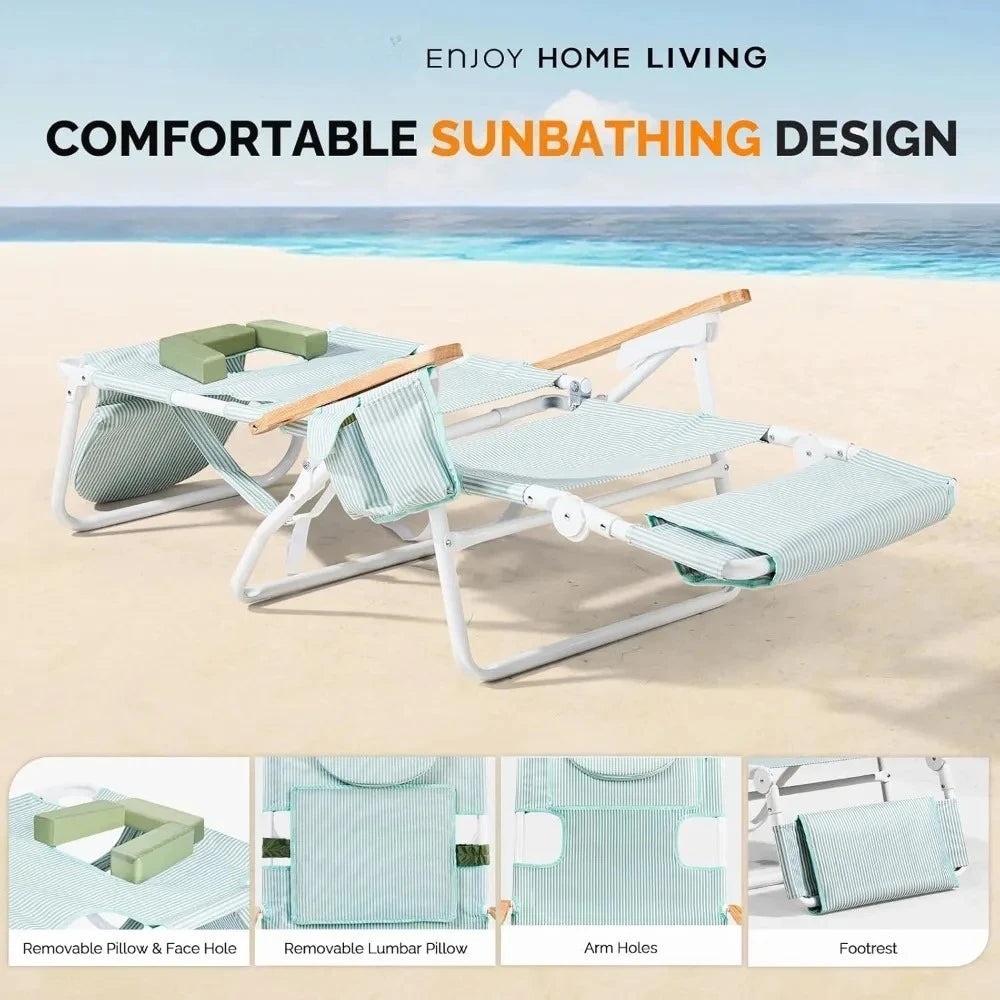 Deluxe 3-in-1 Beach Lounge Chair with Face Hole – Reclining Tanning Chair with Footrest, Cup Holder & Storage Bag – Portable Foldable Sunbed for Outdoor, Pool, Patio, and Beach