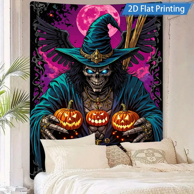 Halloween Wall Tapestry – Gothic Skull Witch with Pumpkins, Spooky Horror Décor for Home, Bedroom, or Party