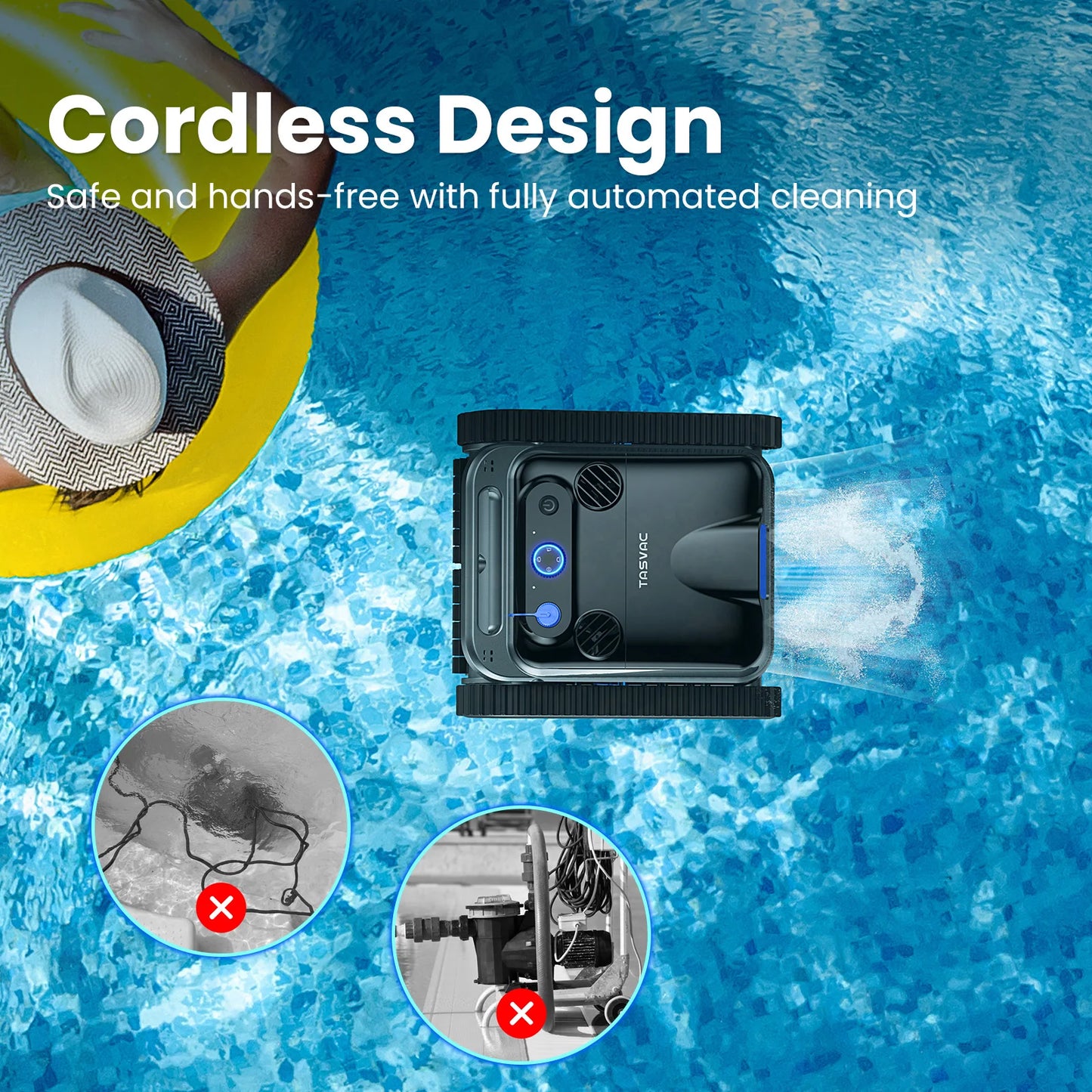 TASVAC Automatic Cordless Robotic Pool Cleaner – 240-Min Runtime, Self-Parking, Ideal for Flat Above & In-Ground Pools up to 80 Ft / 2000 Sq.Ft