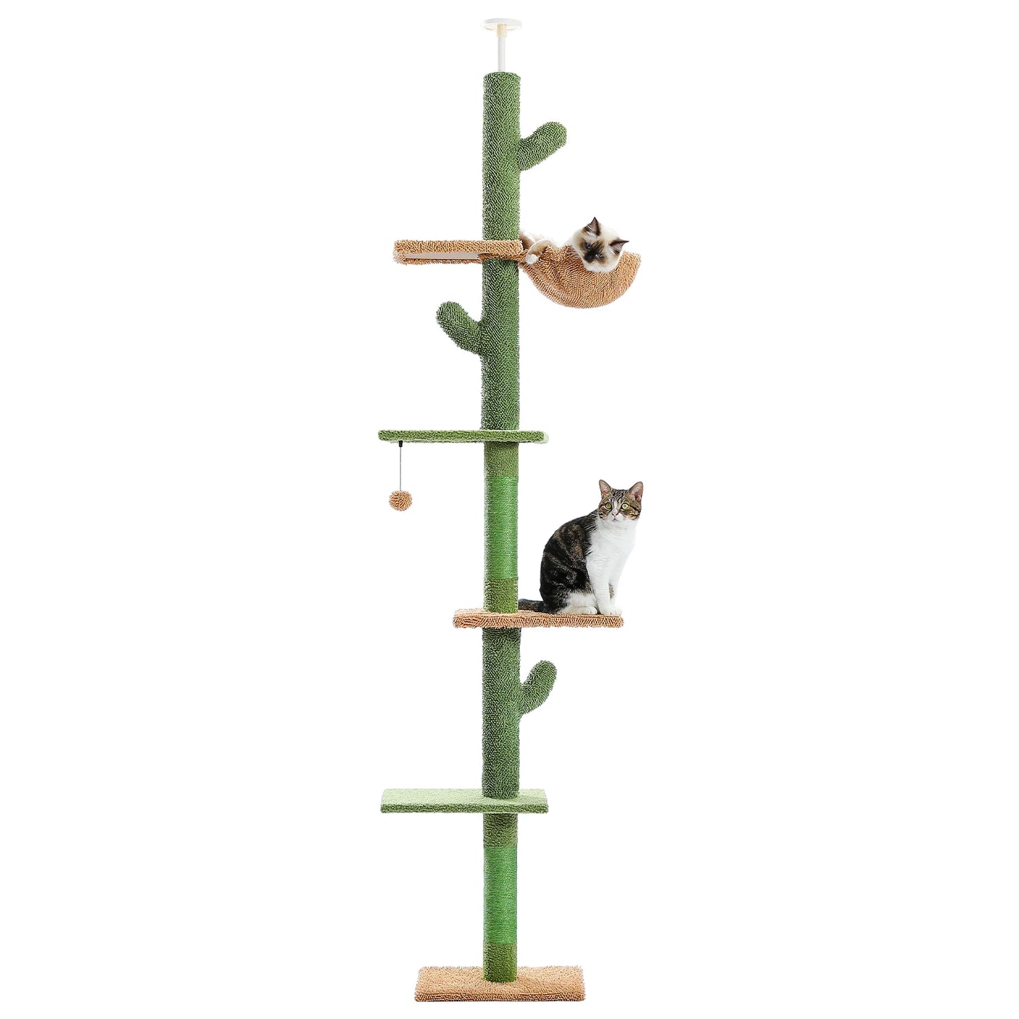 5-Tier Floor-to-Ceiling Cactus Cat Tree Tower – Tall Climbing Activity Center with Hammock, Scratching Posts & Dangling Ball for Indoor Cats
