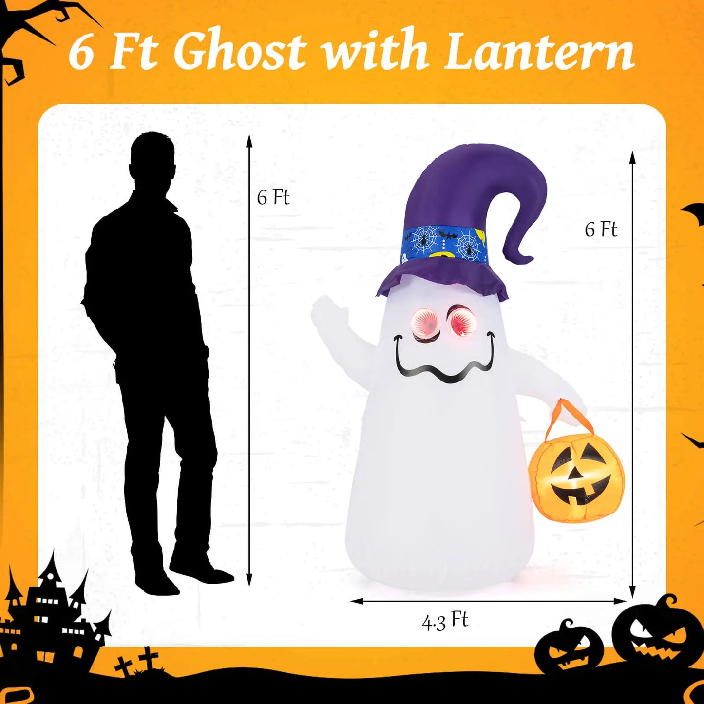 6 Ft Halloween Inflatable – Cute Ghost with Jack-O’-Lantern & Witch Hat, Airblown Yard Decor