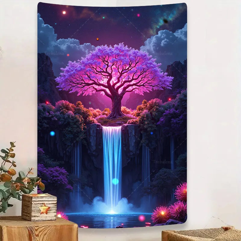 Futuristic Astronaut Wall Tapestry – Glowing Waterfall & Pink Moon, Sci-Fi Home Décor for Bedroom, Living Room, or Dorm