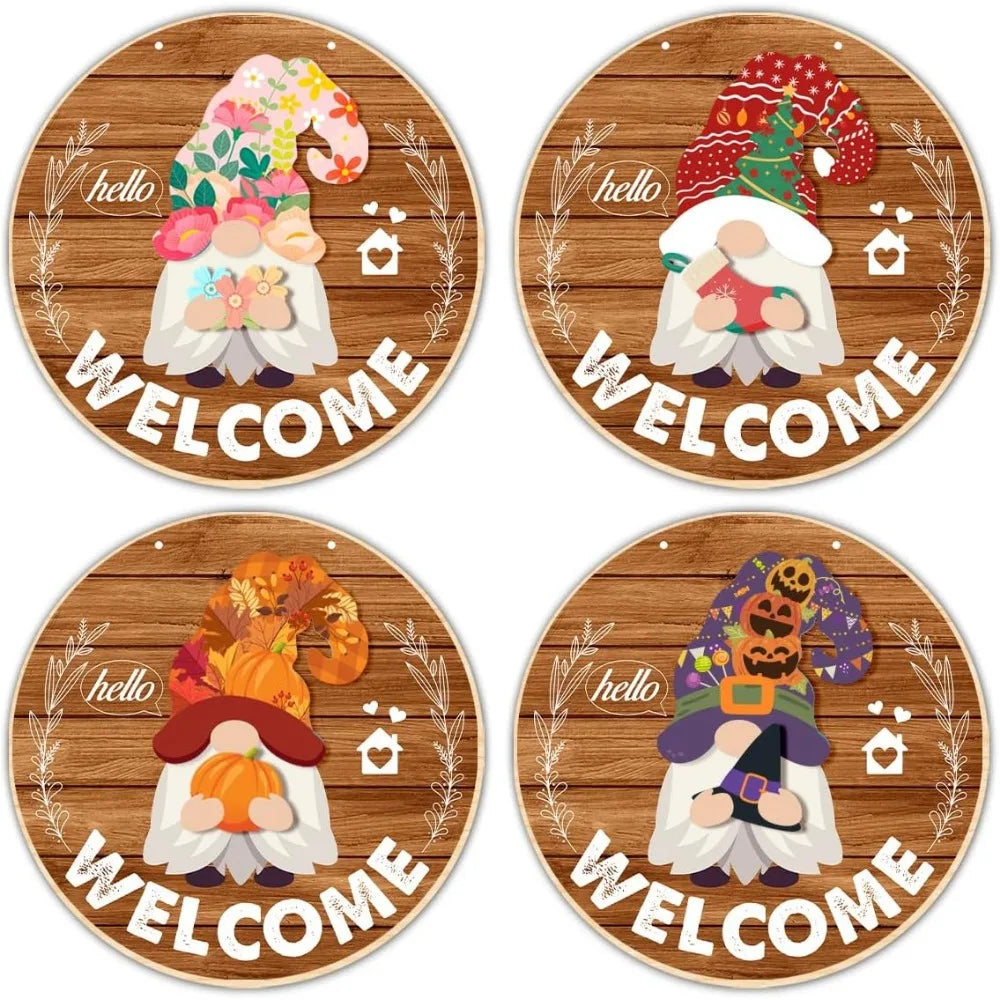 Interchangeable Gnome Welcome Sign – Seasonal Wooden Door Decoration with Changeable Holiday Gnomes for Front Porch, Wall & Home Décor