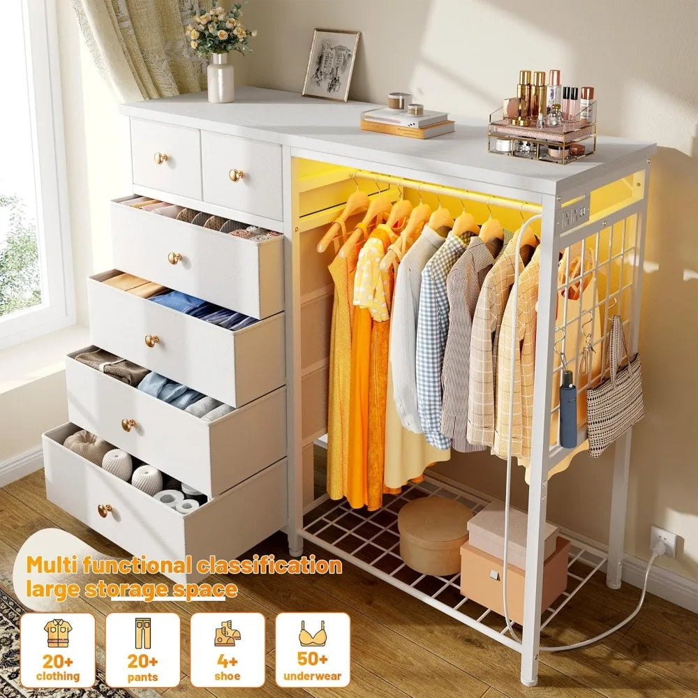 49.2" W White 6 Drawer Dresser for Bedroom with Hanging Rack with LED Lights