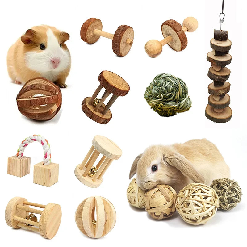 Natural Wooden Small Animal Toy Set – Chew Toys for Guinea Pigs, Rabbits, Hamsters | Dumbbells, Unicycle, Bell, Braided Balls & More