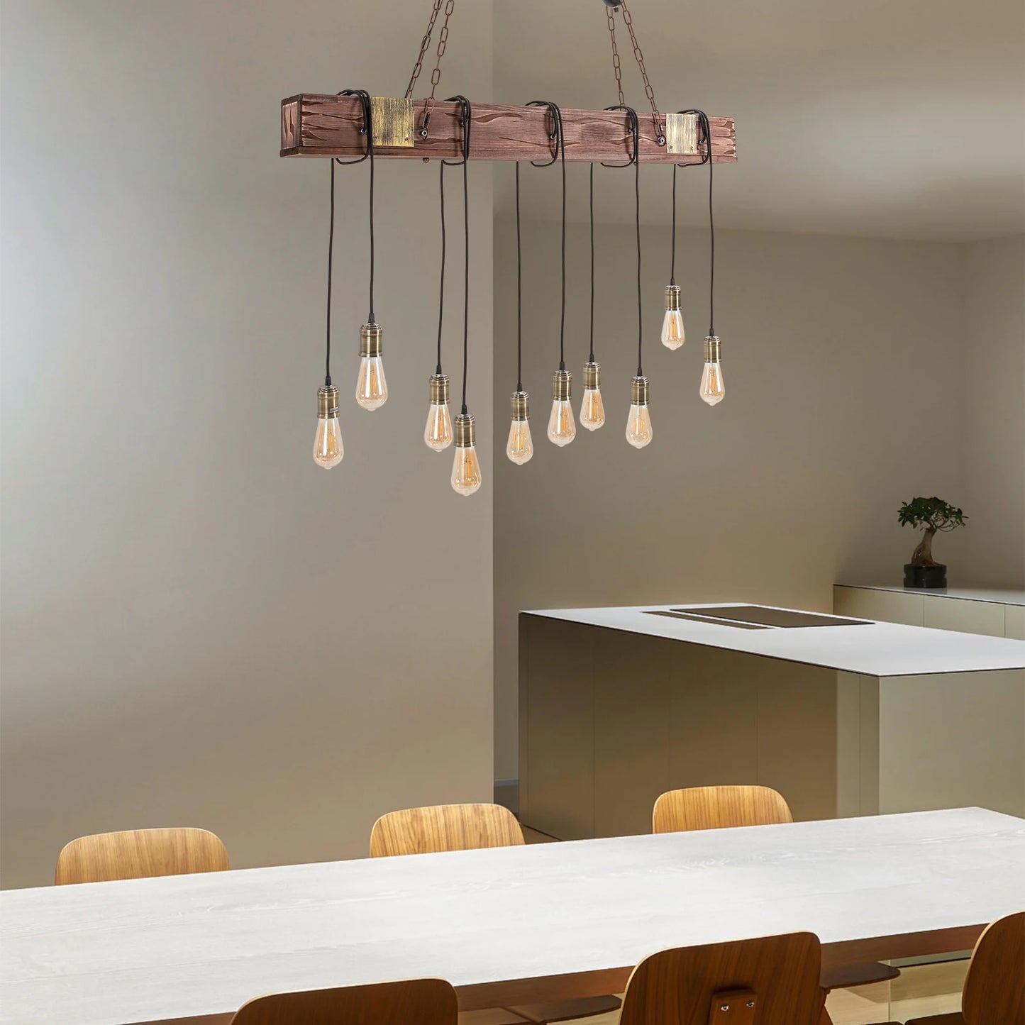 Rustic 10-Light Wooden Chandelier – Vintage Pendant Ceiling Fixture for Dining Room, Living Room, or Entrywayp