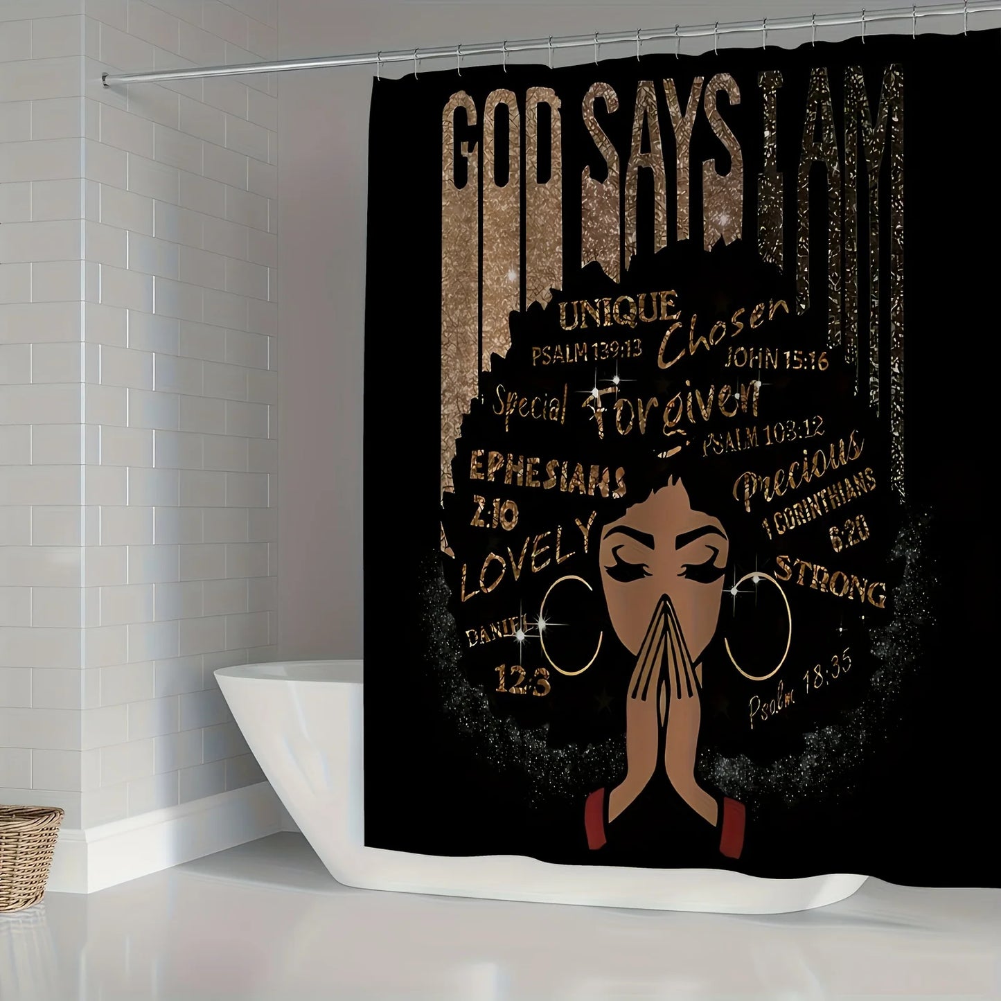 4PCS African-American Woman Shower Curtain Set with 12 Hooks – Non-Slip Bathroom Mat, U-Shaped Toilet Rug & Lid Cover