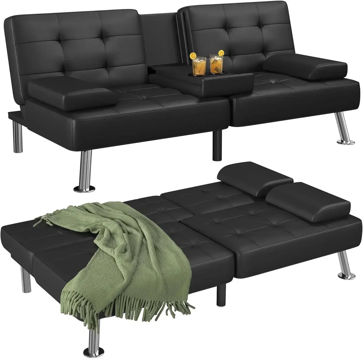 Leather Convertible Folding Recliner with 2 Cup Holders, Removable Armrests