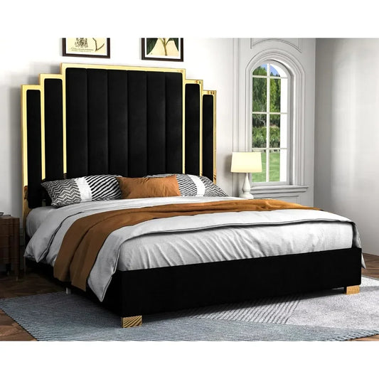 King Size Platform Bed Frame – 65" Velvet Upholstered Headboard with Elegant Gold Trim, Sturdy Wood Slats, No Box Spring Needed