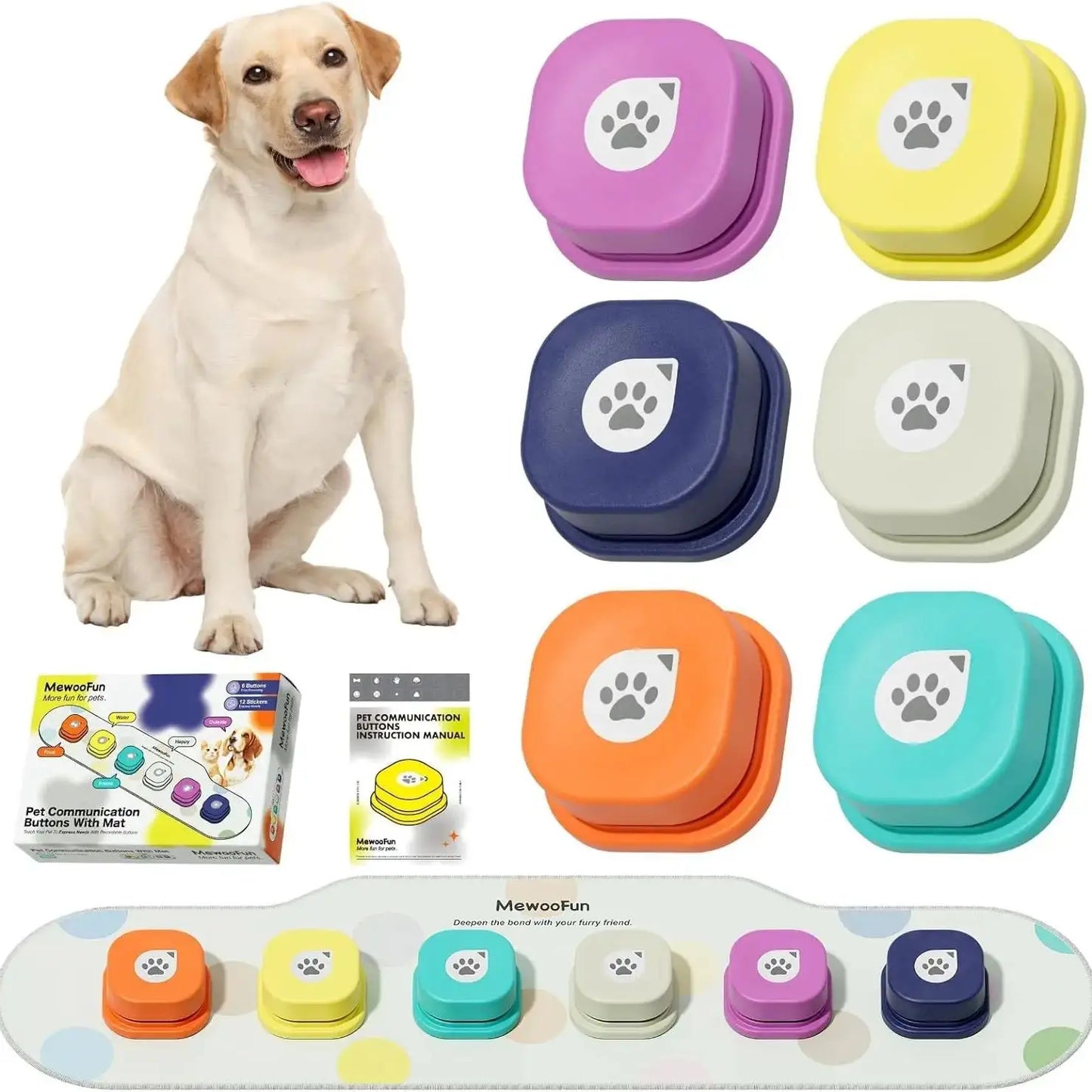 Mewoofun Dog Talking Buttons – 6-Pack Communication Training Set with Mat & Manual | Speech Buttons for Dogs to Talk, Recordable Dog Buttons for Communication