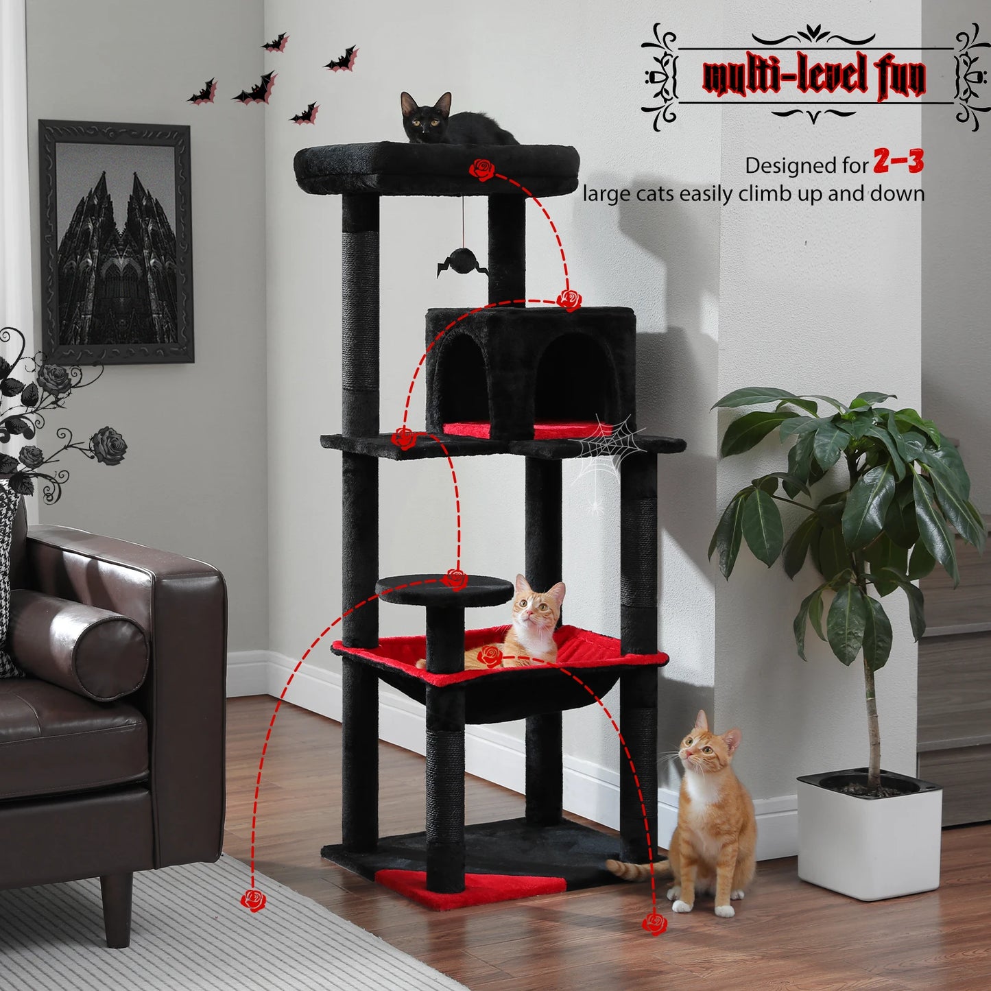 Gothic Elegance Cat Tree Tower – Tall Indoor Cat Condo with Super Large Hammock, Sisal Scratching Posts & Cozy Top Perch