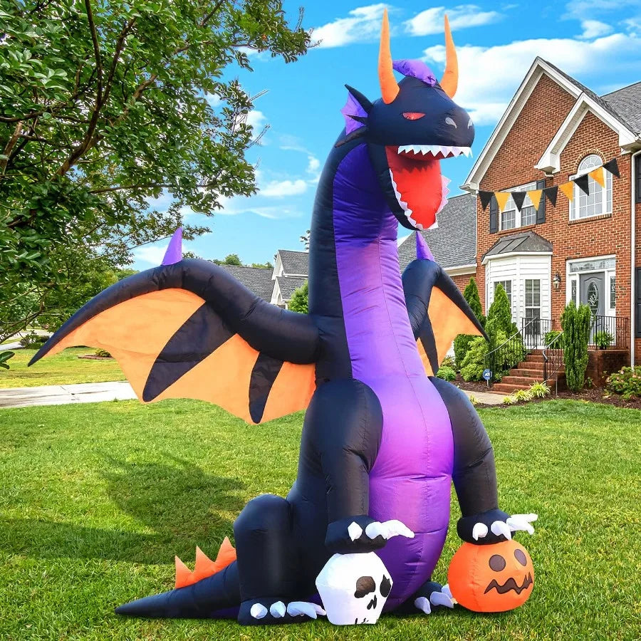 7FT Halloween Inflatable Dragon Stepping on Pumpkin & Skull – LED Lighted Blow-Up Decoration for Outdoor Holiday, Garden, or Lawn Display